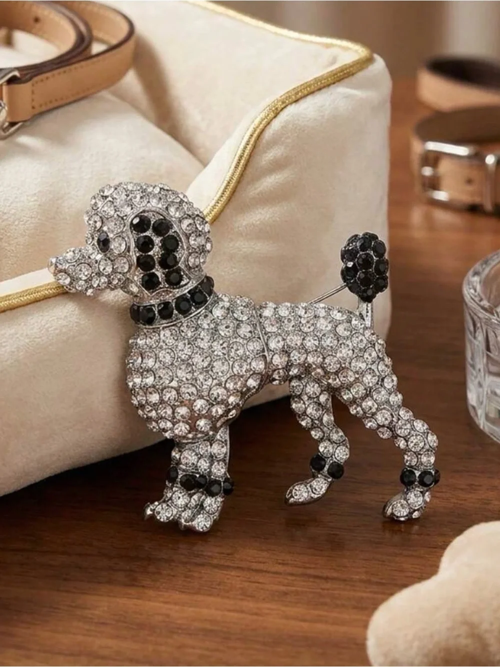 Sparkling Poodle Dog Brooch Pin - Clear and Black Crystal Accent